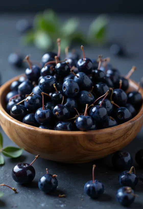 Frische Maqui-Beeren in dunkelvioletter Farbe, teilweise aufgeschnitten, roh