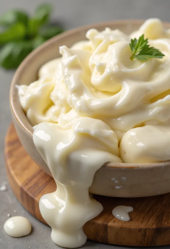 Samtiger Mascarpone-Frischkäse in Keramikschale mit Löffel