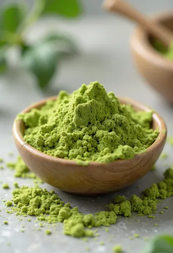Matcha-Pulver in Keramikschale neben Bambusbesen und Löffel
