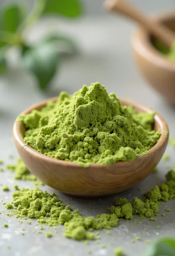 Matcha-Pulver in Keramikschale neben Bambusbesen und Löffel