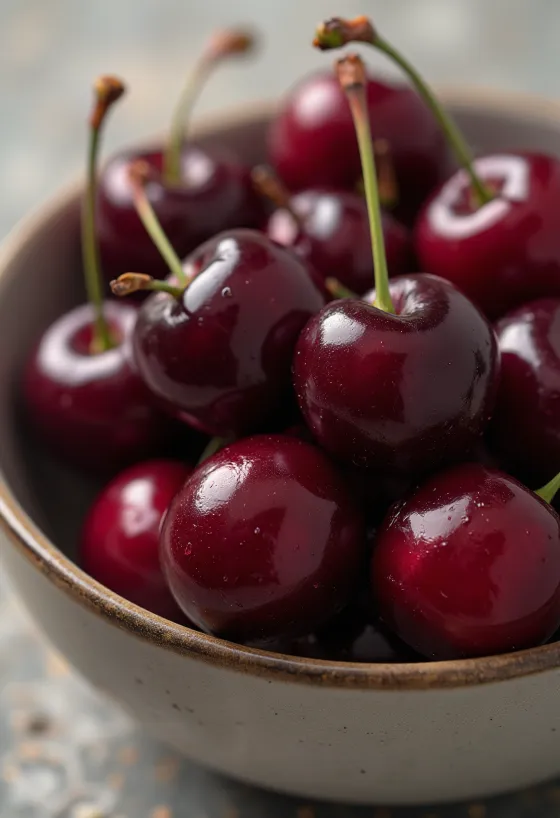 Frische Sauerkirschen halbiert und ganz, mit Kirschmarmelade auf Holztisch