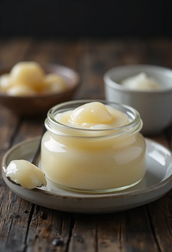 Cremiges, hellgelbliches Gelée Royale im Glas und auf Porzellanlöffel serviert