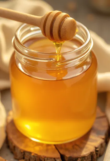 Goldfarbener Honig im Glas und am Holzlöffel, heller Hintergrund