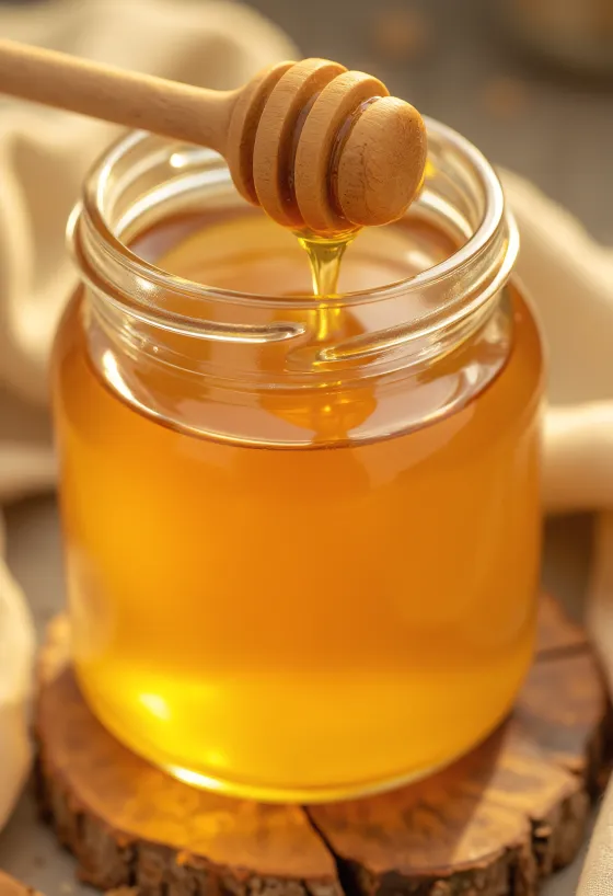Goldfarbener Honig im Glas und am Holzlöffel, heller Hintergrund