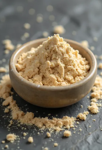 Baobab-Pulver in kleinem Glas, in erdigem Braunton, umgeben von frischen Baobab-Früchten