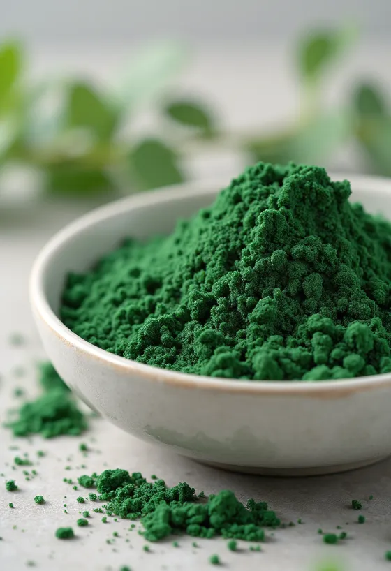 Chlorella-Pulver in kleinem Glas, in sattem Grün, umgeben von Chlorella-Tabletten