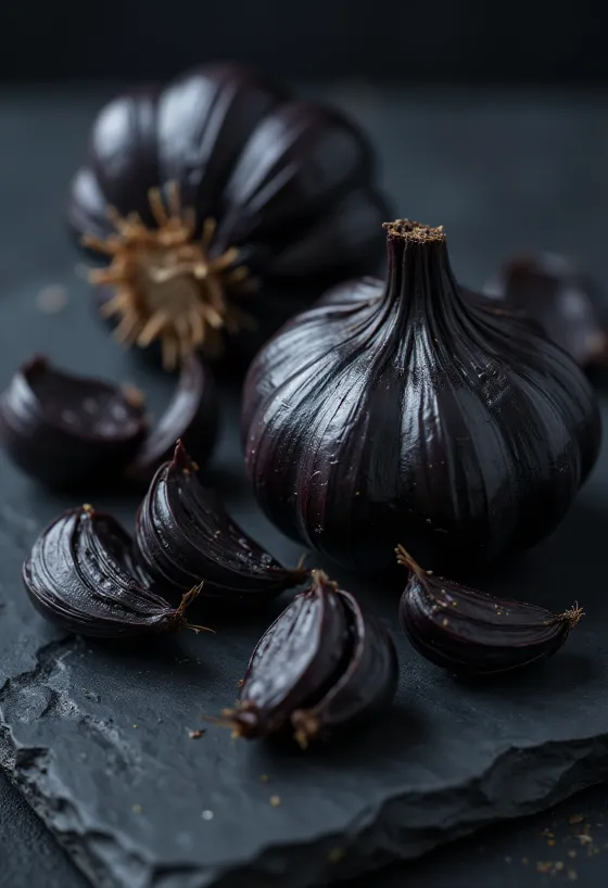 Schwarzer Knoblauch in schöner, glänzender, dunkler Farbe, in kleiner Schale arrangiert