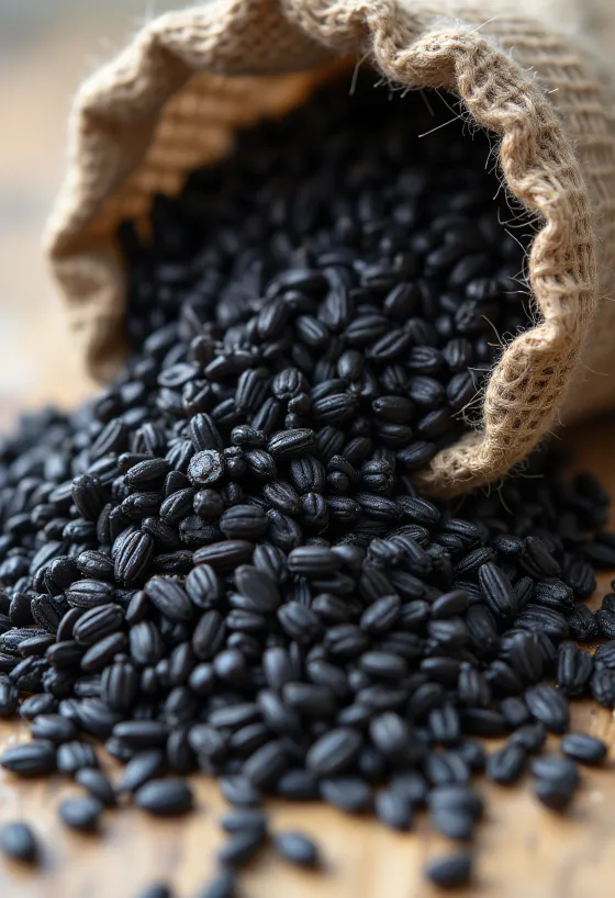 Schwarzer Reis im kleinen Glas, satte dunkle Farbe, umgeben von rohen Reiskörnern