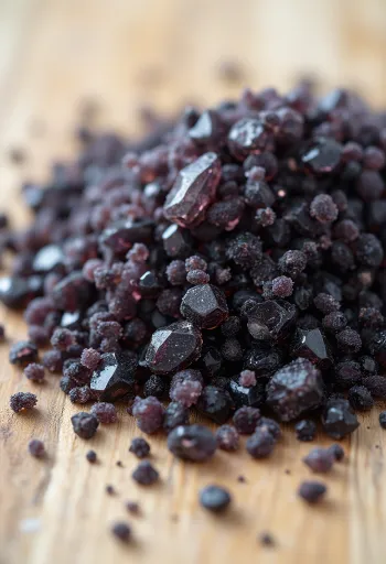 Schwarzes Salz im kleinen Glas, satte schwarze Farbe, umgeben von Salzkristallen und einem Holzlöffel