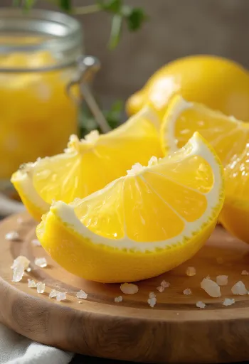 Fermentierte Zitronenscheiben im Glas, in leicht durchscheinender goldgelber Farbe