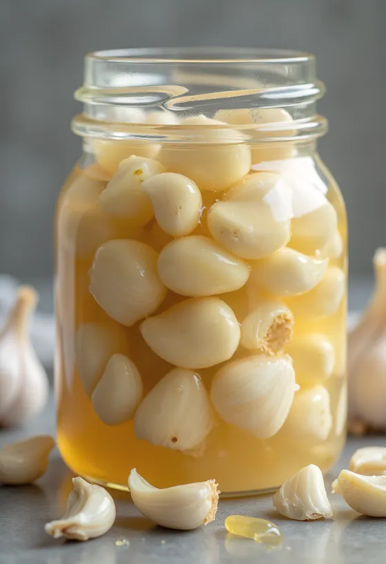 Fermentierter Knoblauch in schöner, goldbrauner Farbe, in kleiner Schale arrangiert