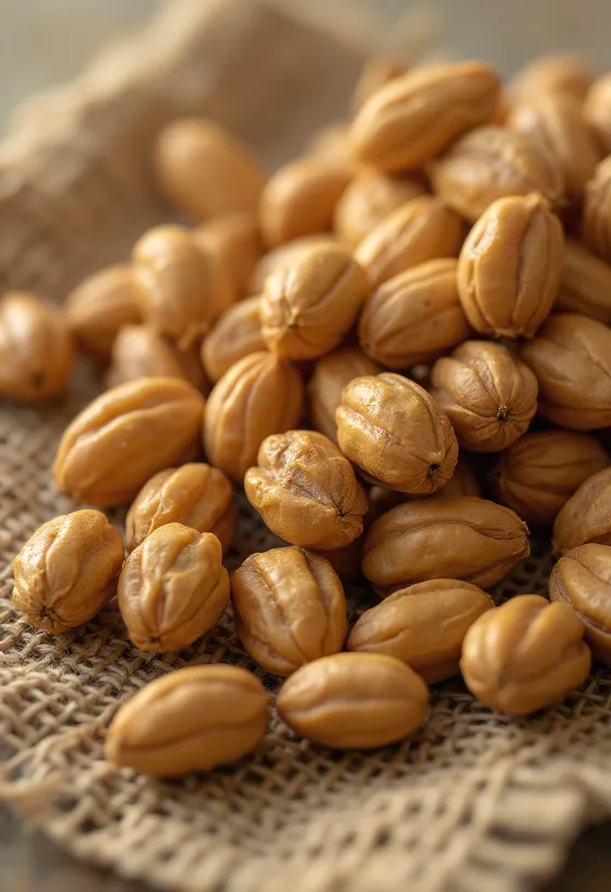 Erdmandel (Chufa) Wurzeln auf einem Schneidebrett, umgeben von frischem Gemüse