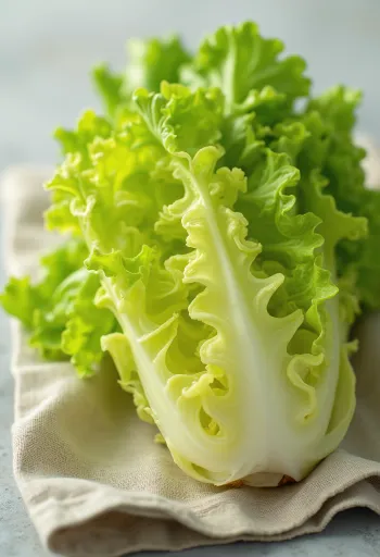 Frischer Frisée-Salat (Zichorie), mit krausen, grünen Blättern auf dem Schneidebrett