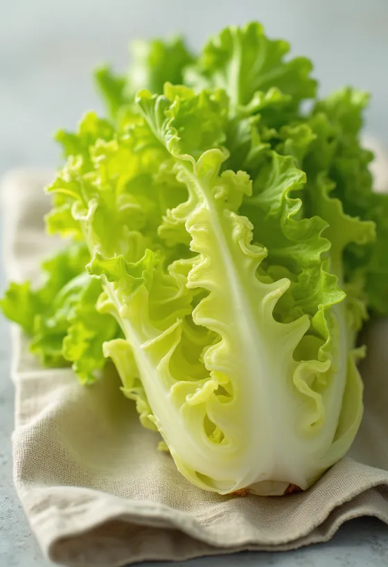 Frischer Frisée-Salat (Zichorie), mit krausen, grünen Blättern auf dem Schneidebrett