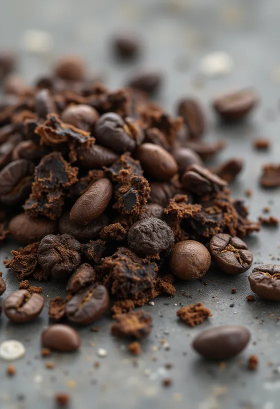 Geröstete Zichorienwurzel-Körner auf dem Schneidebrett, bei natürlicher Beleuchtung