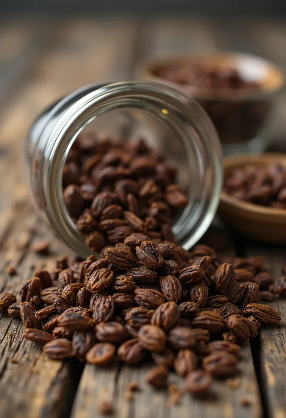 Geröstete Roggenkörner auf dem Schneidebrett, bei natürlicher Beleuchtung