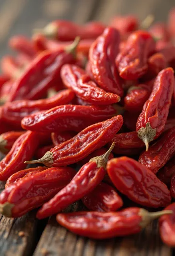 Goji-Beeren in kleinem Glas, in sattem Rot, umgeben von getrockneten Goji-Beeren