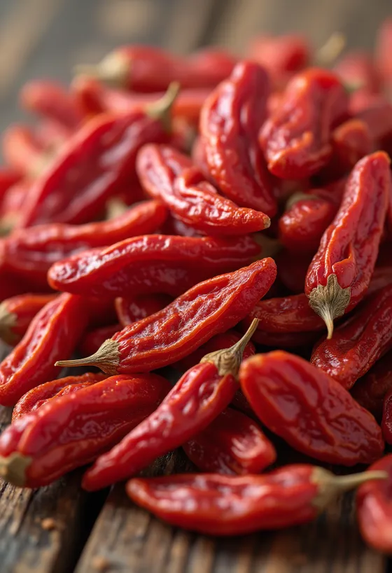 Goji-Beeren in kleinem Glas, in sattem Rot, umgeben von getrockneten Goji-Beeren