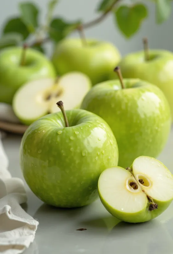 Frische Granny Smith Äpfel und Spalten auf einem Schneidebrett