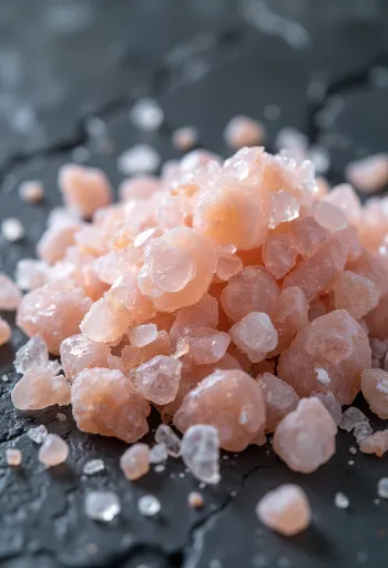 Himalaya-Salz in Kristallform in kleinem Glas, umgeben von Salzkristallen