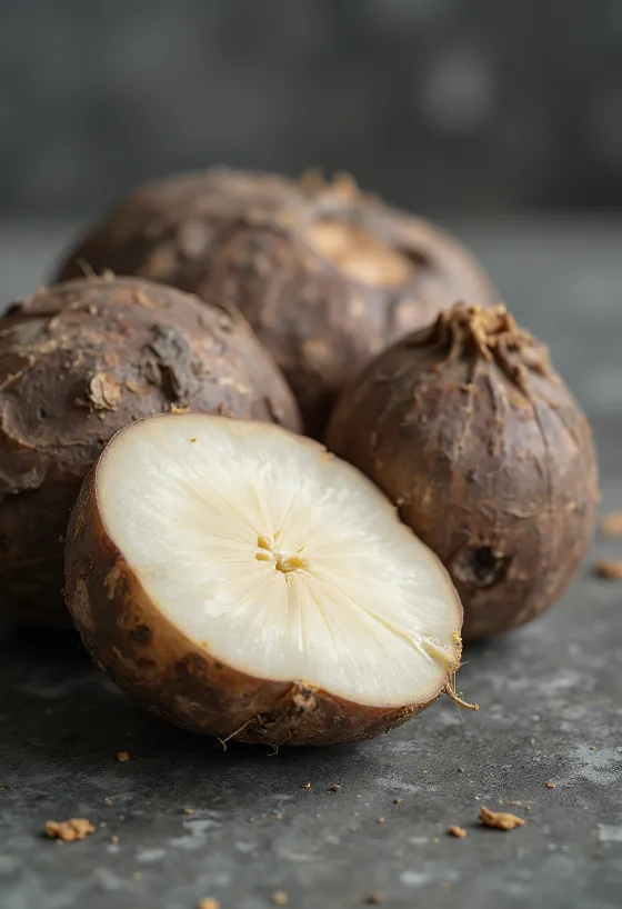 Geschnittene Yamswurzel auf dem Schneidebrett, umgeben von frischem Wurzelgemüse