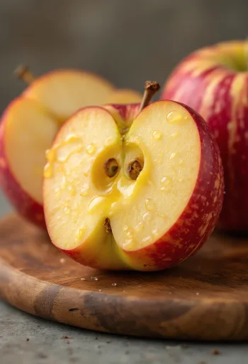 Frische Jonagold Äpfel und Spalten auf einem Schneidebrett