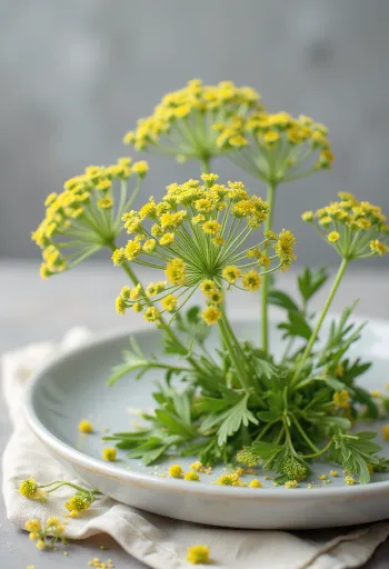 Frische Dillblüten (Dolden) auf einem sauberen Teller