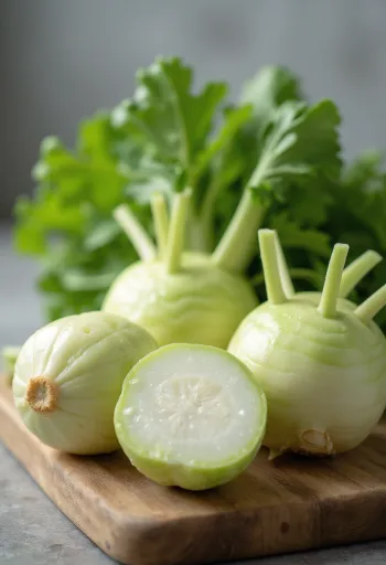 Frische Kohlrabischeiben auf Schneidebrett, mit grünen Blättern im Hintergrund