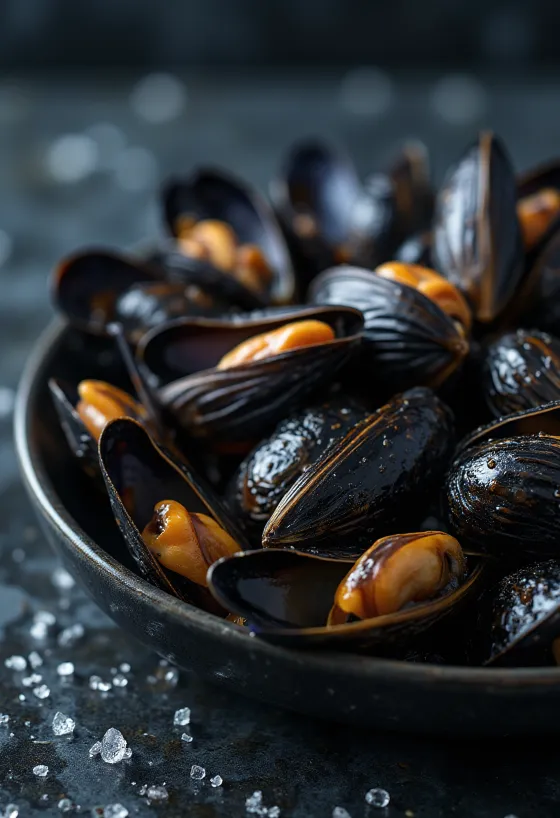 Bild von Blaumiesmuschelfleisch auf einem Schneidebrett
