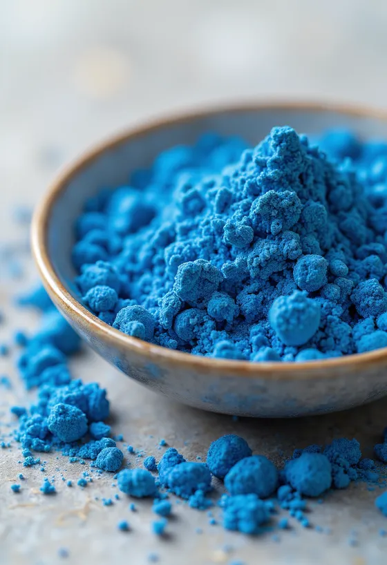 Blaues Spirulina-Pulver in kleinem Glas, leuchtend blaue Farbe, umgeben von Spirulina-Algen
