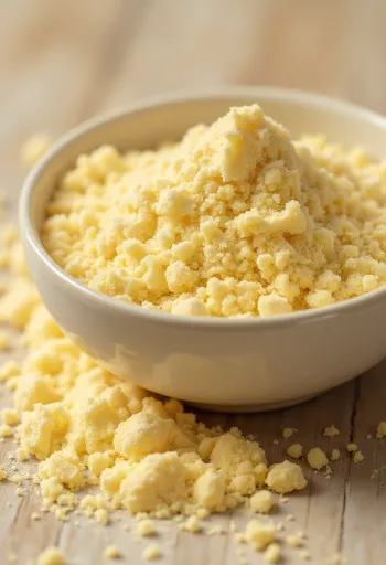 Lucuma-Pulver in kleinem Glas, satte gelbe Farbe, umgeben von frischen Lucuma-Früchten