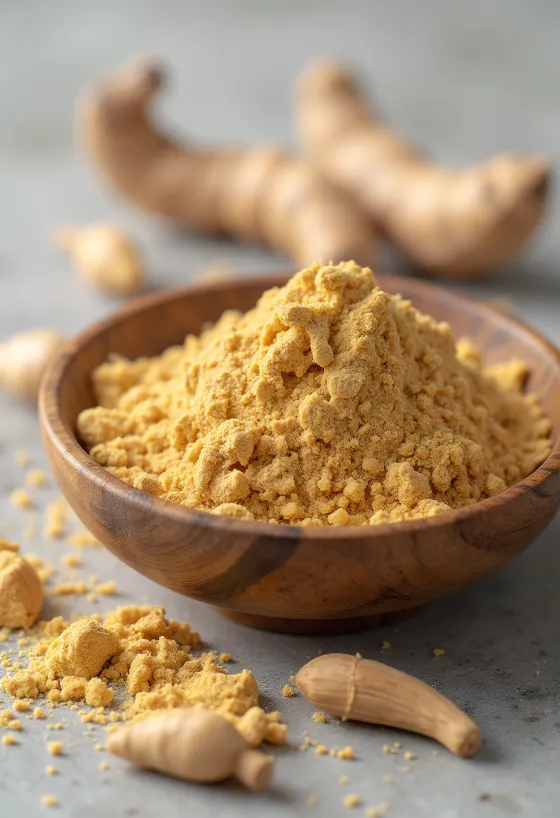 Maca-Pulver in kleinem Glas, erdig braune Farbe, umgeben von frischen Maca-Wurzeln