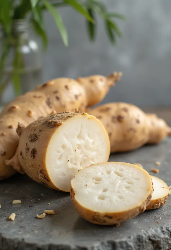 Geschnittene Maniokwurzeln (Cassava) auf Schneidebrett, umgeben von frischem Gemüse