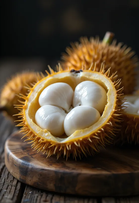 Marang-Fruchtsegmente auf einem Schneidebrett.