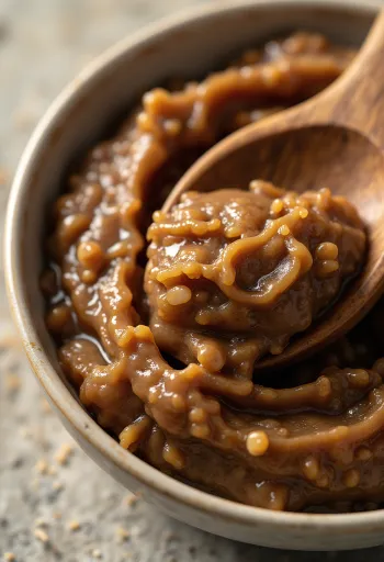 Miso-Paste im kleinen Glas, sattes Braun, umgeben von Sojabohnen, getrockneten Algen und Reis