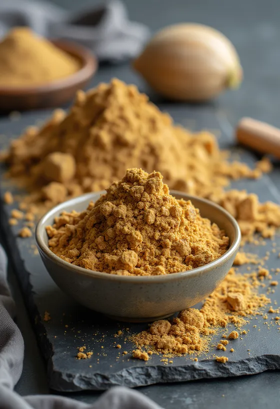 Nonifrucht und Nonipulver im kleinen Glas, umgeben von getrockneten Nonifrüchten