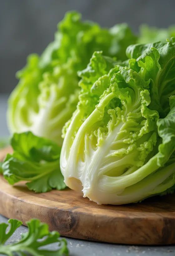 Frischer Römersalat mit langen, knackigen grünen Blättern auf einem Schneidebrett