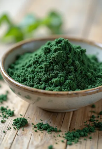 Spirulina-Pulver in kleinem Glas, in sattem Grün, umgeben von Spirulina-Tabletten