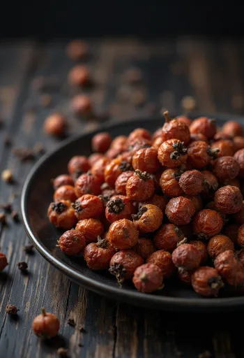 Szechuanpfefferkörner (Zanthoxylum) auf einer hölzernen Küchenarbeitsplatte