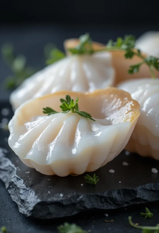 Frisches Jakobsmuschelfleisch auf dem Teller, fein geschnitten und mit glänzendem Fleisch