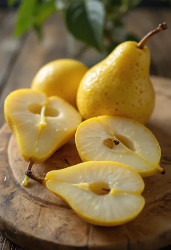 Frische Williams-Christ-Birne und Scheiben auf einem Schneidebrett