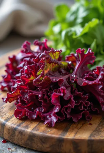 Frischer roter Eichblattsalat mit leuchtend roten und grünen Blättern auf einem Schneidebrett