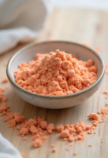 Acerolapulver in kleinem Glas, in sattem Rot, umgeben von ganzen Acerola-Kirschen