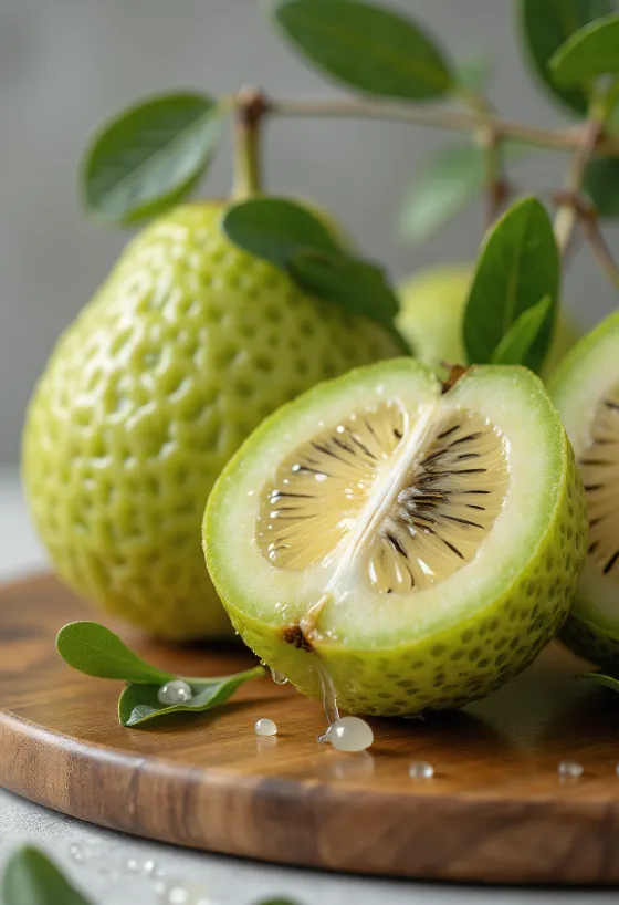 Feijoa-Frucht, grüne Schale und saftiges Inneres