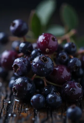 Schwarze Holunderbeeren, lebhafte dunkelviolette Farbe und leicht glänzende Oberfläche