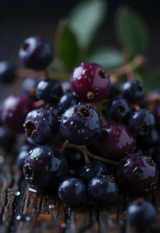 Schwarze Holunderbeeren, lebhafte dunkelviolette Farbe und leicht glänzende Oberfläche
