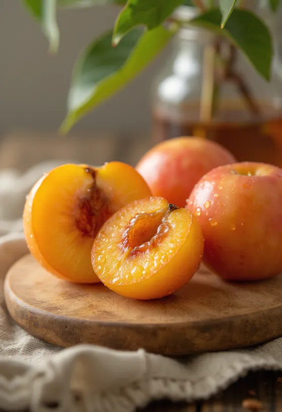 Japanische Pflaumenscheibe, in der Mitte das saftige, leuchtende Fruchtfleisch und die leicht runzlige Haut