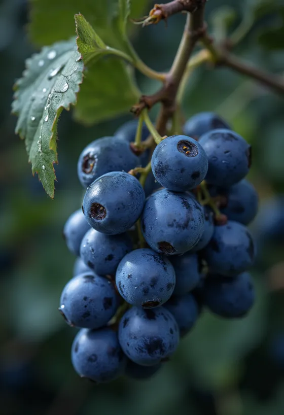 Nahaufnahme von Blaufränkisch Trauben, frische und saftige Beeren mit blau-violetter Schale