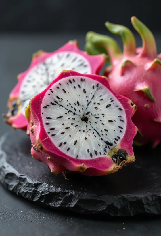Drachenfrucht (Pitahaya) weißfleischige Beeren, leuchtendes Weiß und schwarze Samen
