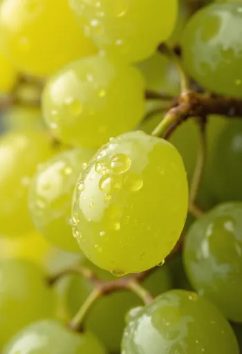 Nahaufnahme der Irsai Olivér Traube, frische und saftige Beeren mit grünlich-gelber Schale